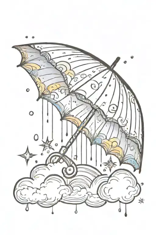 A serene sun peeking out from behind fluffy rain clouds, a soft rainbow appears as rain falls down on a single umbrella  tattoo design idea