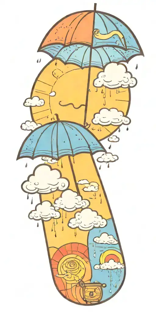 A serene sun peeking out from behind fluffy rain clouds, a soft rainbow appears as rain falls down on a single umbrella  tattoo design idea