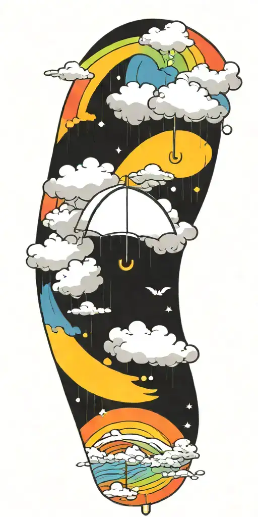 A serene sun peeking out from behind fluffy rain clouds, a soft rainbow appears as rain falls down on a single umbrella  tattoo design idea