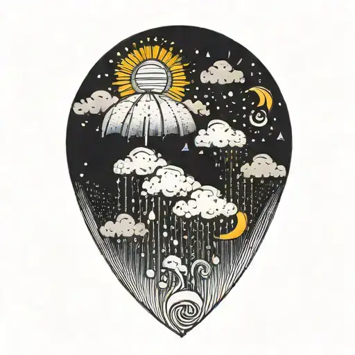 A serene sun peeking out from behind fluffy rain clouds, a soft rainbow appears with rain falling on an umbrella tattoo design idea