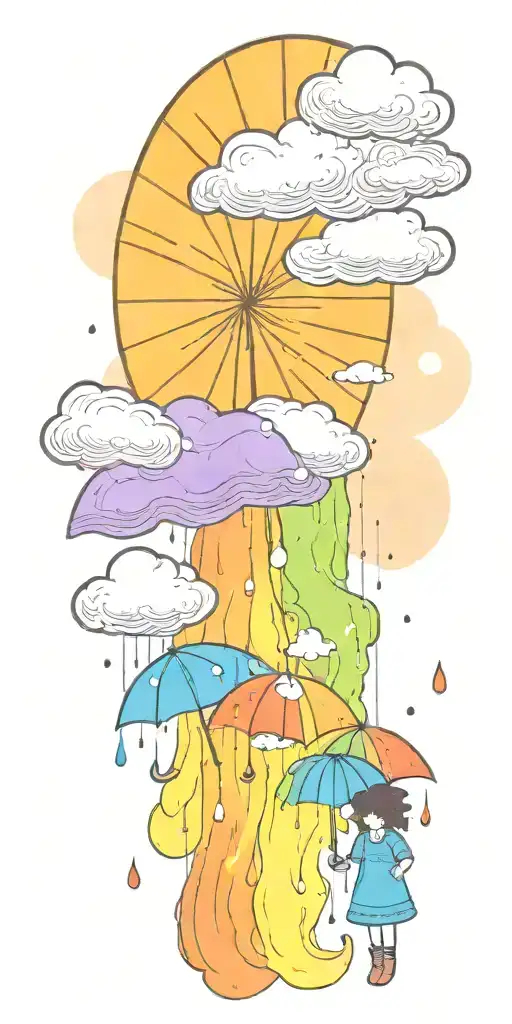 A serene sun peeking out from behind fluffy rain clouds, a soft rainbow appears as rain falls down on a single umbrella  tattoo design idea