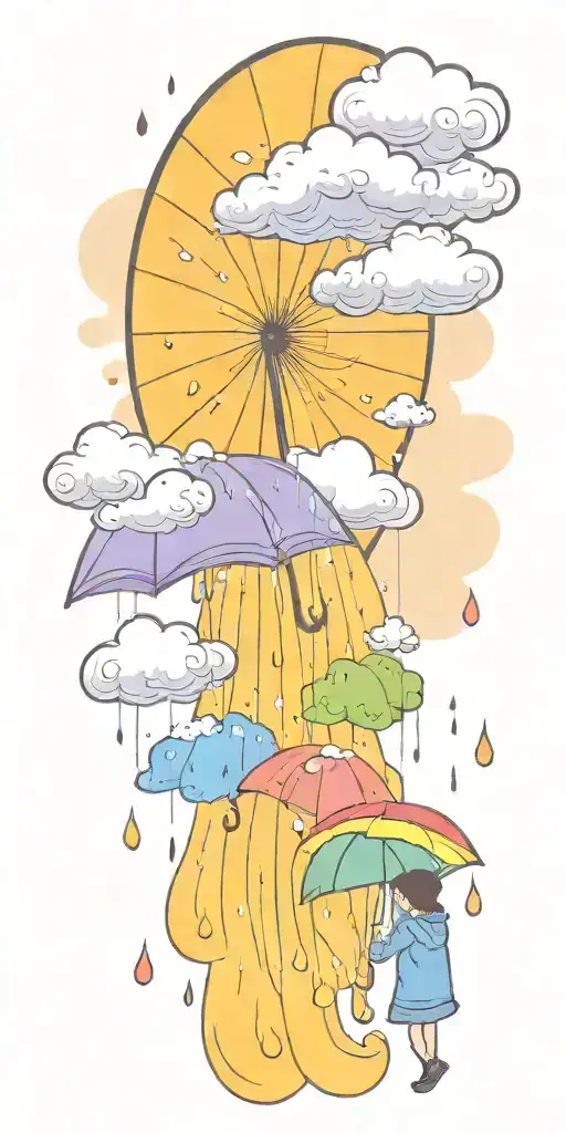 A serene sun peeking out from behind fluffy rain clouds, a soft rainbow appears as rain falls down on a single umbrella  tattoo design idea