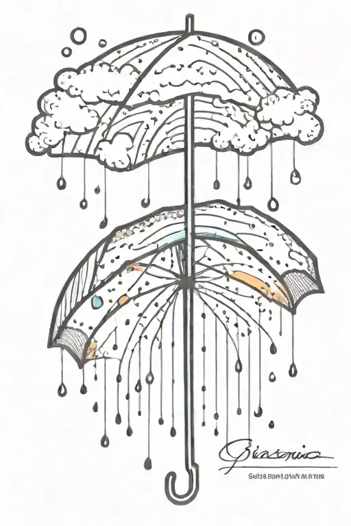 A serene sun peeking out from behind fluffy rain clouds, a soft rainbow appears as rain falls down on an umbrella  tattoo design idea