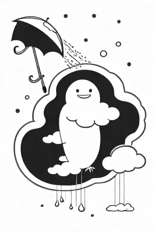 A sun peeking out from behind fluffy clouds, a soft rainbow appears as rain falls down on a single umbrella, no people tattoo design idea