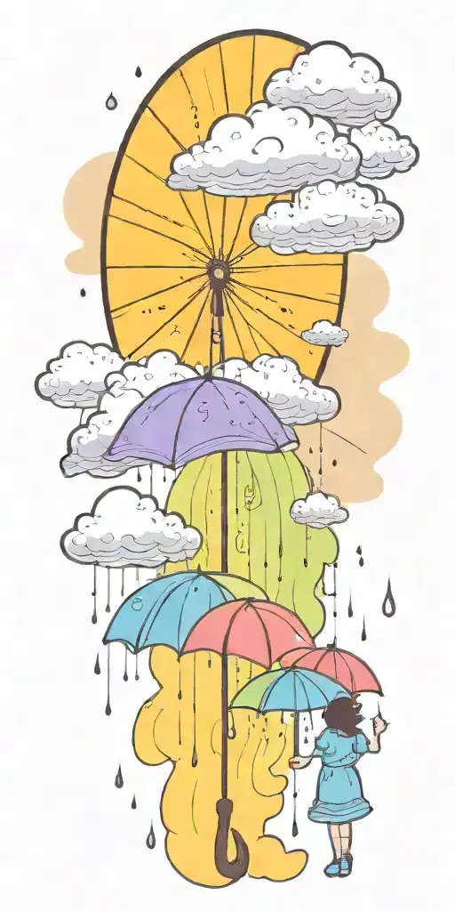 A serene sun peeking out from behind fluffy rain clouds, a soft rainbow appears as rain falls down on a single umbrella  tattoo design idea