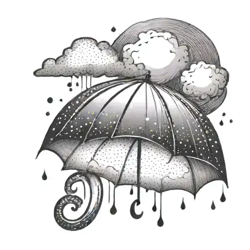 A serene sun peeking out from behind fluffy rain clouds, rain falling down on a single umbrella  tattoo design idea