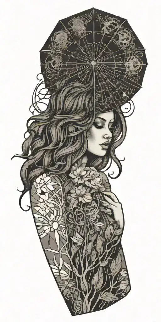 Mother Nature under an umbrella with a storm  tattoo design idea