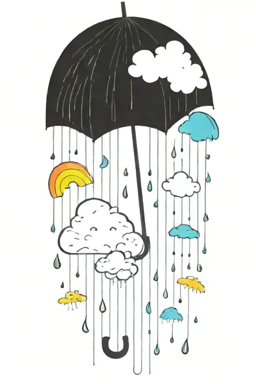 A serene sun peeking out from behind fluffy rain clouds, a soft rainbow appears as rain falls down on a single umbrella  tattoo design idea