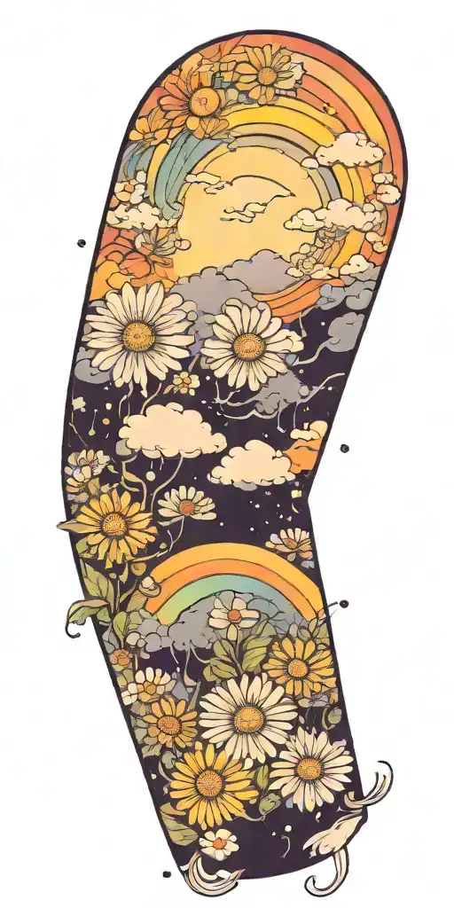 storm clouds forming with a rainbow and daisies baby's breath tattoo design idea