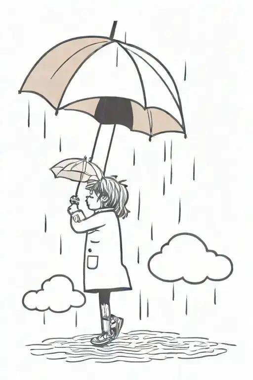 A sun peeking out from behind fluffy clouds, a soft rainbow appears as rain falls down on a single umbrella  tattoo design idea