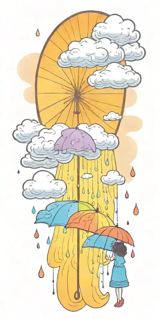 A serene sun peeking out from behind fluffy rain clouds, a soft rainbow appears as rain falls down on a single umbrella  tattoo design idea