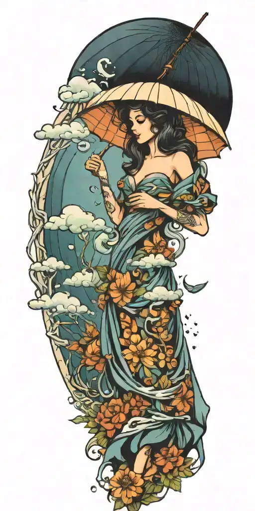 Mother Nature under an umbrella with a storm  tattoo design idea