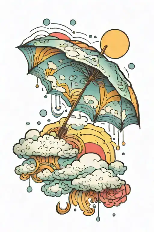 A sun peeking out from behind fluffy clouds, a soft rainbow appears as rain falls down on a single umbrella, no people tattoo design idea