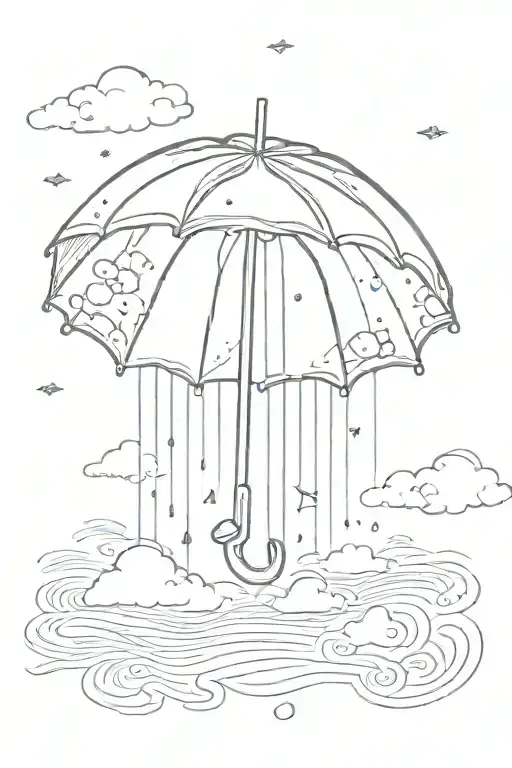 A serene sun peeking out from behind fluffy rain clouds, a soft rainbow appears as rain falls down on a single umbrella  tattoo design idea