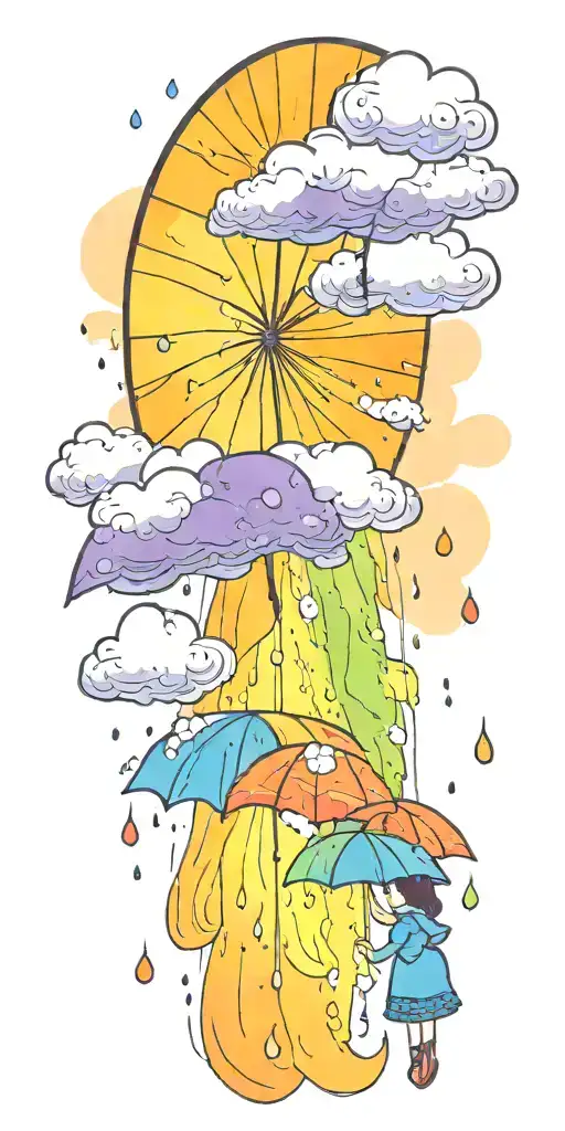 A serene sun peeking out from behind fluffy rain clouds, a soft rainbow appears as rain falls down on a single umbrella  tattoo design idea