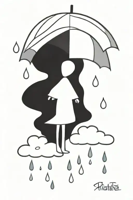 A serene sun peeking out from behind fluffy rain clouds, a soft rainbow appears as rain falls down on a single umbrella  tattoo design idea