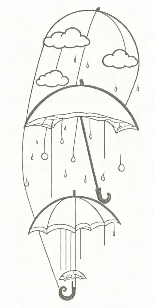 A serene sun peeking out from behind fluffy rain clouds, a soft rainbow appears as rain falls down on a single umbrella  tattoo design idea
