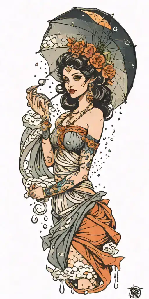 goddess of storms holding an umbrella and rain drops   tattoo design idea