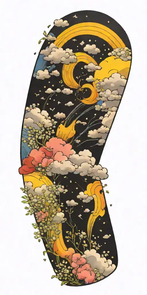 storm clouds forming with a rainbow and baby's breath tattoo design idea