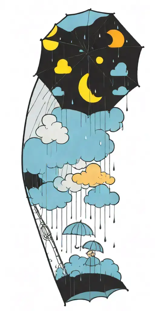 A serene sun peeking out from behind fluffy rain clouds, a soft rainbow appears as rain falls down on a single umbrella  tattoo design idea
