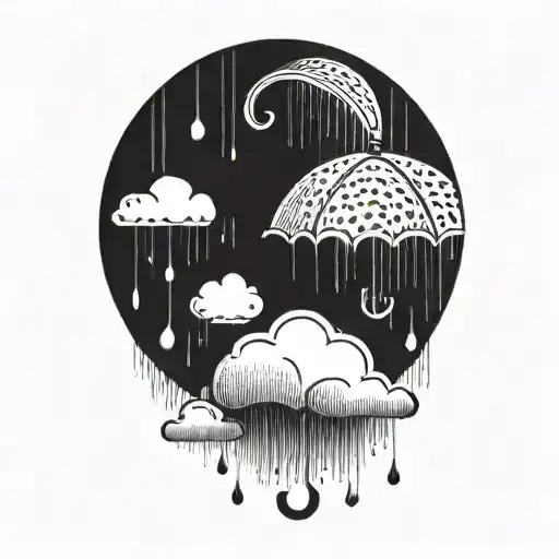A serene sun peeking out from behind fluffy rain clouds, a soft rainbow appears with rain falling on an umbrella tattoo design idea