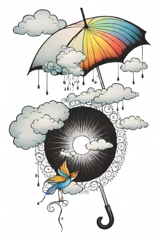 A sun peeking out from behind fluffy clouds, a soft rainbow appears as rain falls down on a single umbrella, no people tattoo design idea