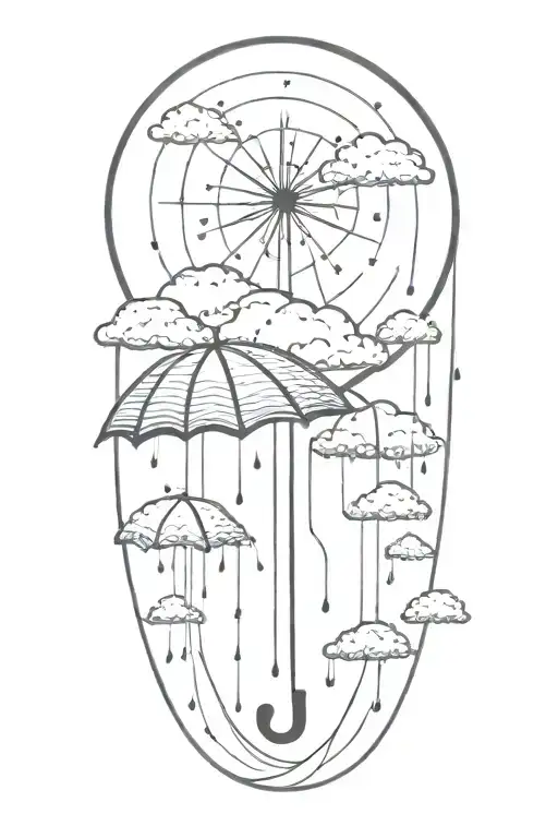 A serene sun peeking out from behind fluffy rain clouds, a soft rainbow appears as rain falls down on a single umbrella  tattoo design idea
