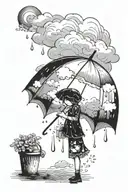 A serene sun peeking out from behind fluffy rain clouds, a soft rainbow appears as rain falls down on an umbrella  tattoo design idea