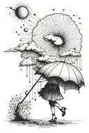 A serene sun peeking out from behind fluffy rain clouds, a soft rainbow appears as rain falls down on an umbrella  tattoo design idea