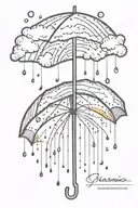 A serene sun peeking out from behind fluffy rain clouds, a soft rainbow appears as rain falls down on an umbrella  tattoo design idea