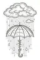 A serene sun peeking out from behind fluffy rain clouds, a soft rainbow appears as rain falls down on an umbrella  tattoo design idea