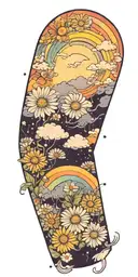 storm clouds forming with a rainbow and daisies baby's breath tattoo design idea