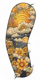 storm clouds forming with a rainbow and daisies baby's breath tattoo design idea
