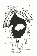A serene sun peeking out from behind fluffy rain clouds, a soft rainbow appears as rain falls down on a single umbrella  tattoo design idea