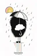 A serene sun peeking out from behind fluffy rain clouds, a soft rainbow appears as rain falls down on a single umbrella  tattoo design idea