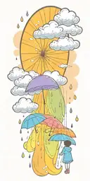 A serene sun peeking out from behind fluffy rain clouds, a soft rainbow appears as rain falls down on a single umbrella  tattoo design idea