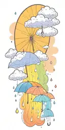 A serene sun peeking out from behind fluffy rain clouds, a soft rainbow appears as rain falls down on a single umbrella  tattoo design idea