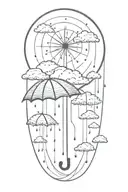 A serene sun peeking out from behind fluffy rain clouds, a soft rainbow appears as rain falls down on a single umbrella  tattoo design idea