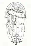 A serene sun peeking out from behind fluffy rain clouds, a soft rainbow appears as rain falls down on a single umbrella  tattoo design idea