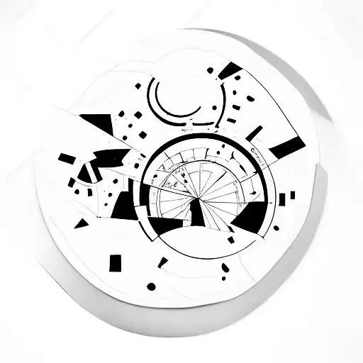 round tablet splitted in half, scattered pieces from the crack tattoo design idea