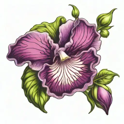 purple sweet pea flower with little eyes and lots of green leaves tattoo design idea