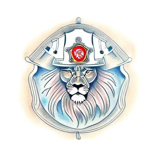 A traditional style tattoo of a lion wearing a firefighter helmet, embodying the fearless spirit of a firefighter tattoo design idea