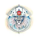 A traditional style tattoo of a lion wearing a firefighter helmet, embodying the fearless spirit of a firefighter tattoo design idea