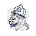 A traditional style tattoo of a lion wearing a firefighter helmet, embodying the fearless spirit of a firefighter tattoo design idea