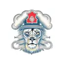 A traditional style tattoo of a lion wearing a firefighter helmet, embodying the fearless spirit of a firefighter tattoo design idea