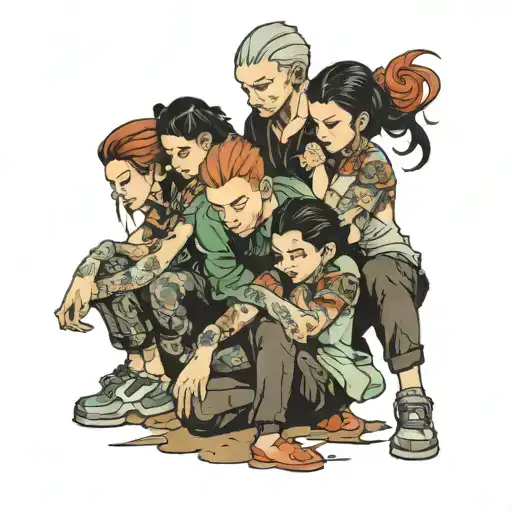 four people crouching  tattoo design idea