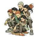 four people crouching  tattoo design idea