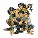 four people crouching  tattoo design idea