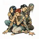 four people crouching  tattoo design idea