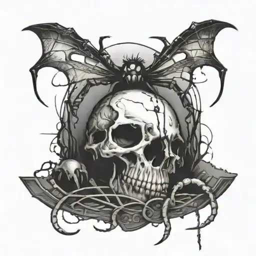 A haunting scene of a spider crawling out of a grave with animal eyes and teeth scattered around tattoo design idea